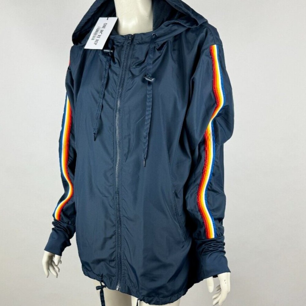 Zyia Navy Rainbow Bomber Jacket Women XXL NWT Full Zip Lined Hooded Windbreaker - Picture 2 of 13